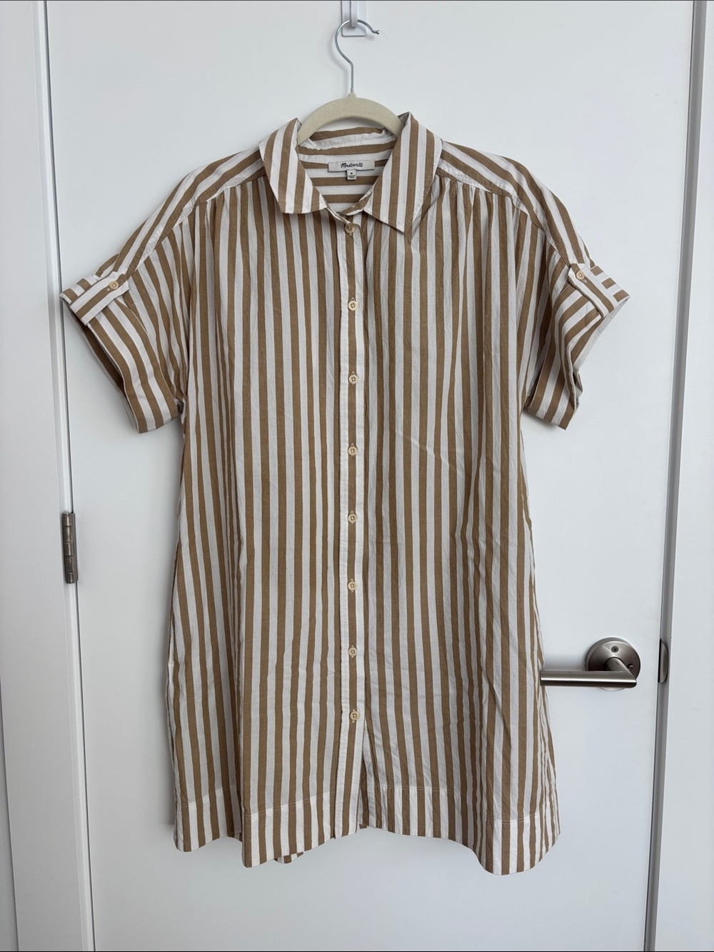 Madewell Tan/White Striped Mini Shirt Dress